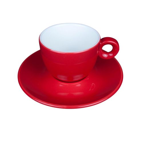 Druck einer roten Bola Kaffeetasse mit Untertasse